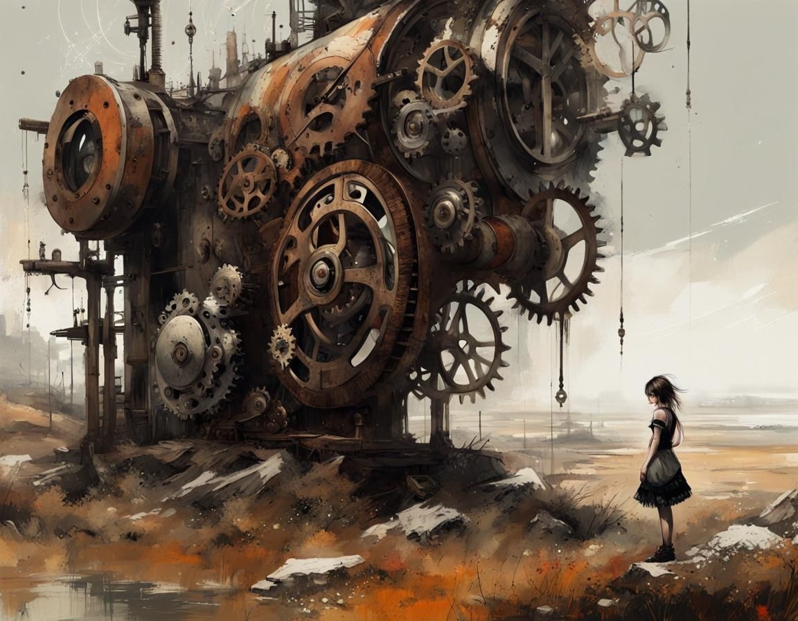 Automaton and Girl in Rocky Landscape, Detailed Art