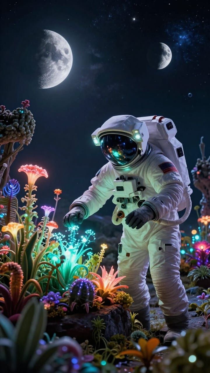 Astronaut Tends Alien Garden Under Two Moons