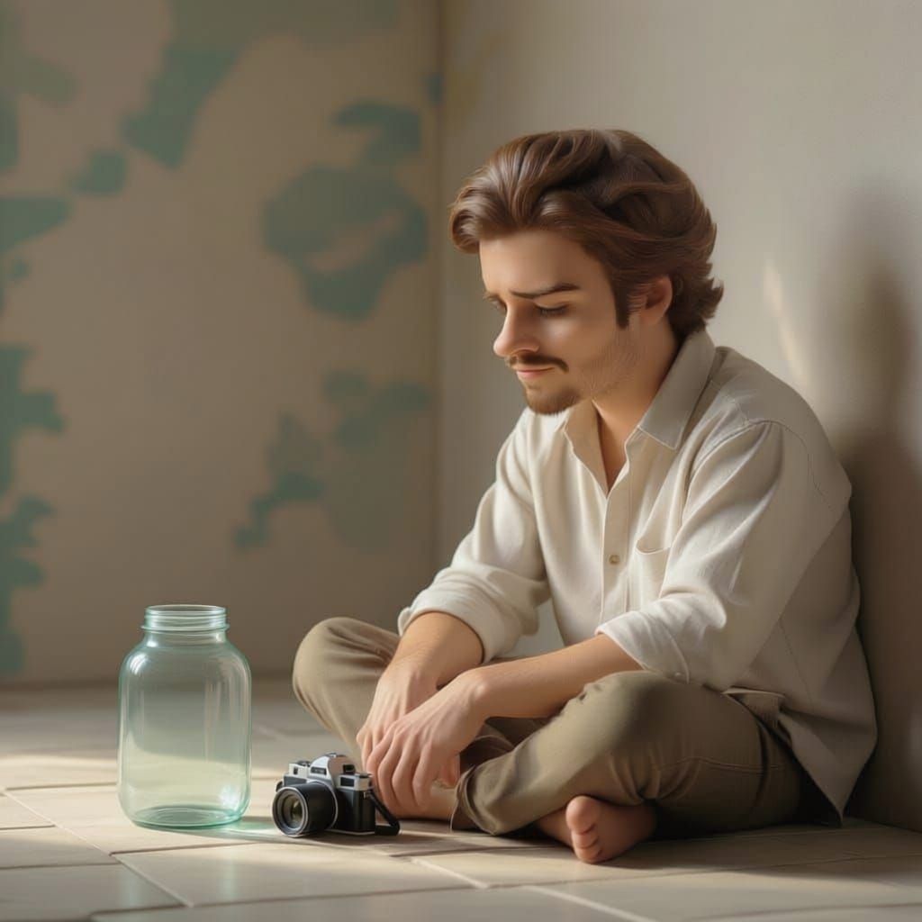 Man Contemplating Potential in Empty Jar