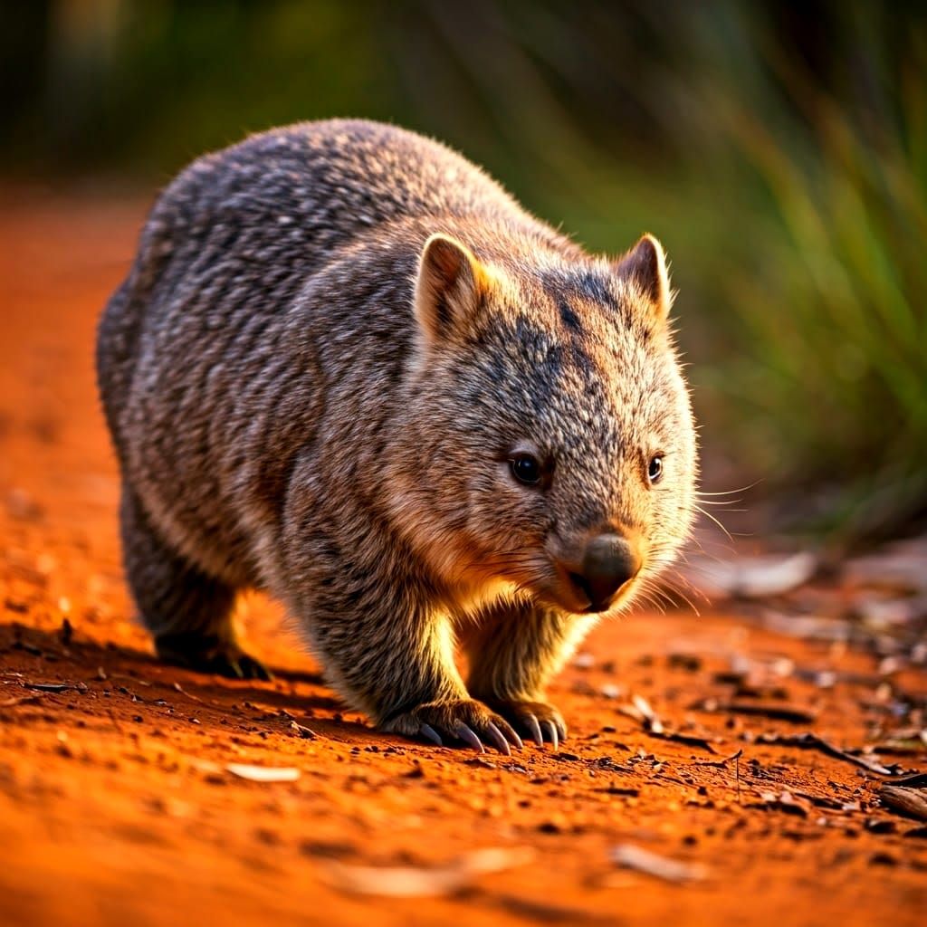 Wombat Drinks at Sunset in Australian Bush