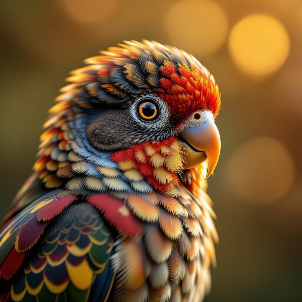 Close-Up Acorn Fur Parakeet Portrait With Golden Eyes