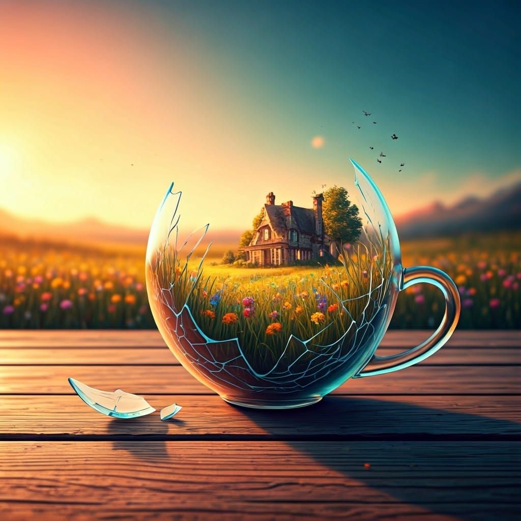 Whimsical Teacup Scene in Watercolor Style
