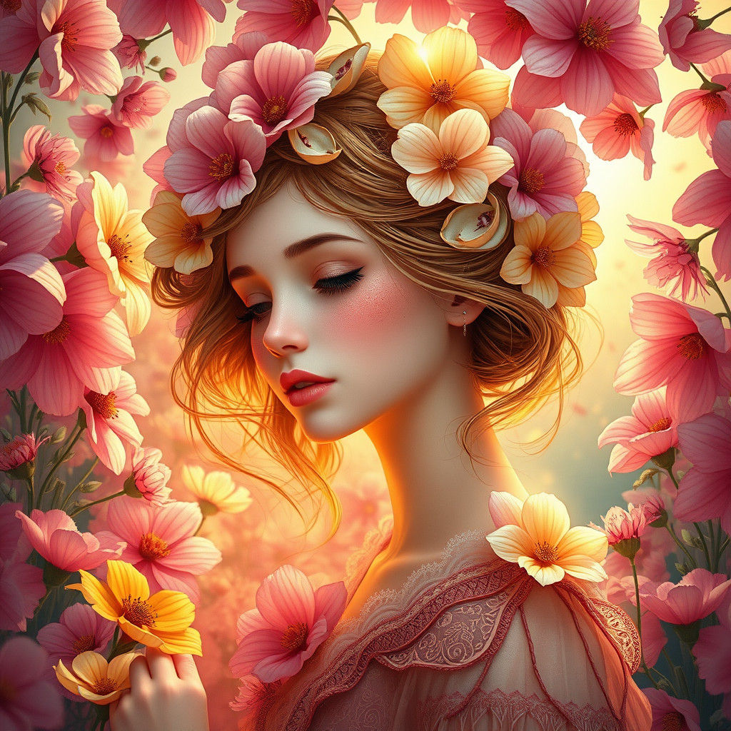 Ethereal Flower Girl in Art Nouveau Style