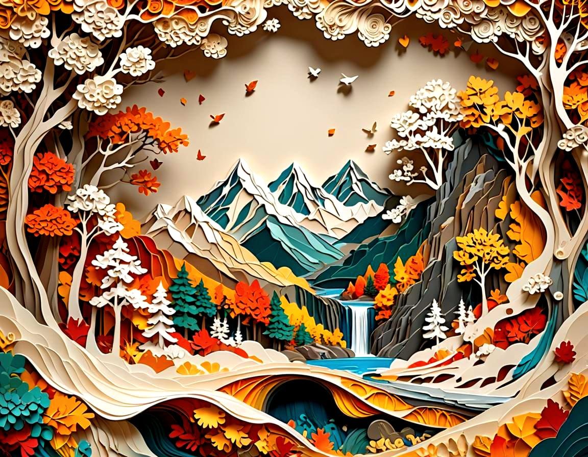 Autumn Mountain Pass Paper Collage Art Sculpture