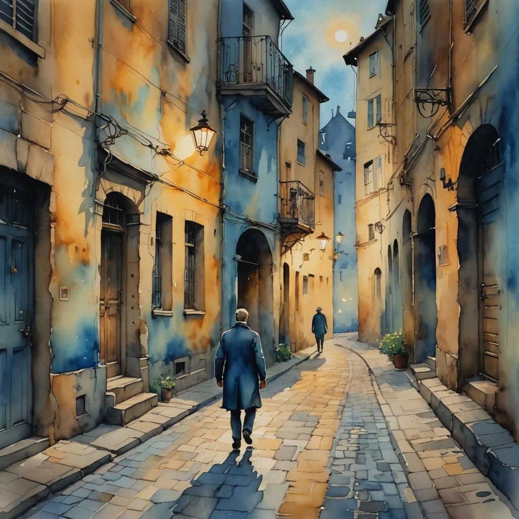 Whimsical Watercolor of Alleyway at Dusk
