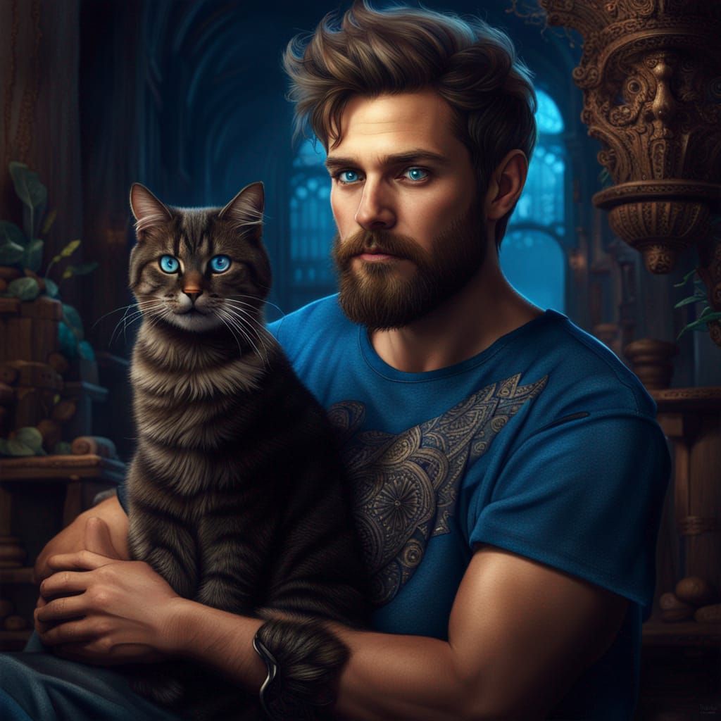 Man and Cat in Detailed Digital Painting