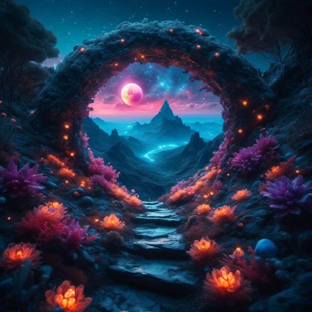 Luminescent Dreamscape with Coral and Neon Portal