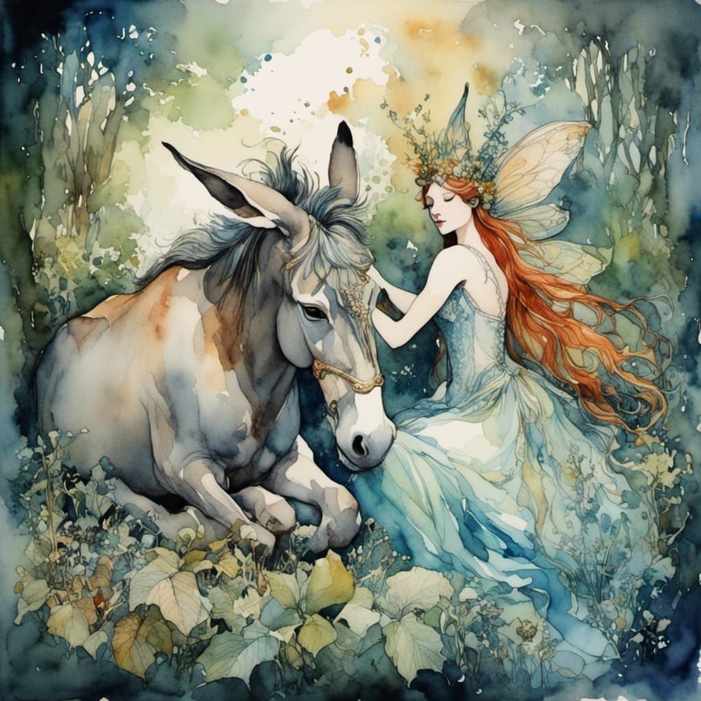 Titania and Bottom in Romantic Watercolour Style