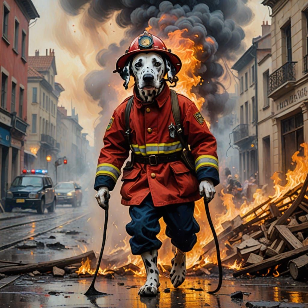 Heroic Dalmatian Dog Battles Raging Fire in Neo-Expressionis...
