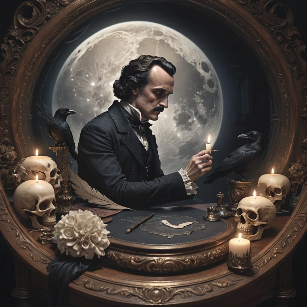 Edgar Allan Poe and Raven in Candlelight