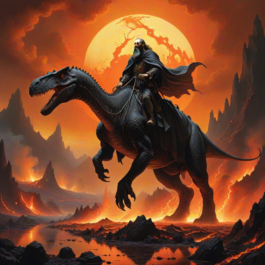 Epic Renaissance Style Wizard Rides Brontosaurus Through Fie...