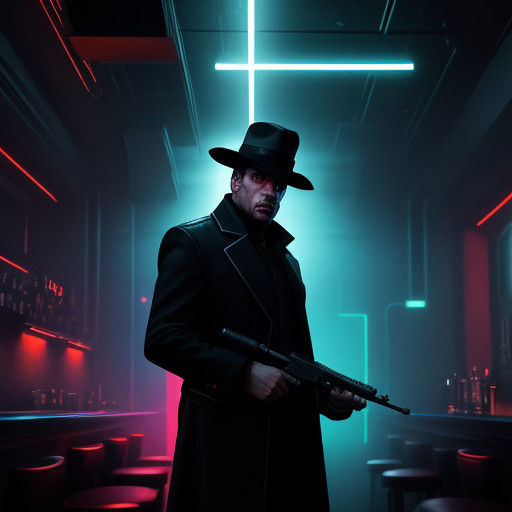 Gritty Space Detective in Neon-Lit Bar