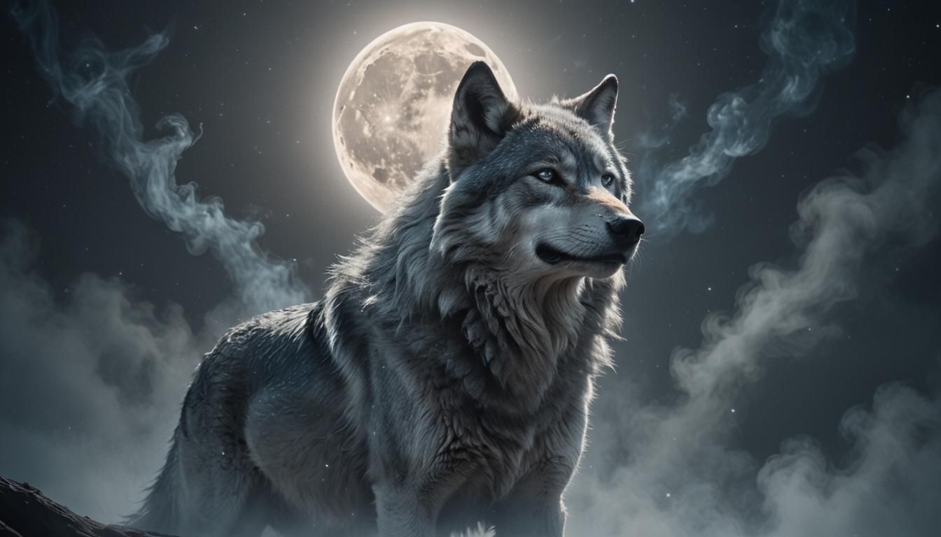 Silver-Blue Wolf Howling at Moon in Dreamscape
