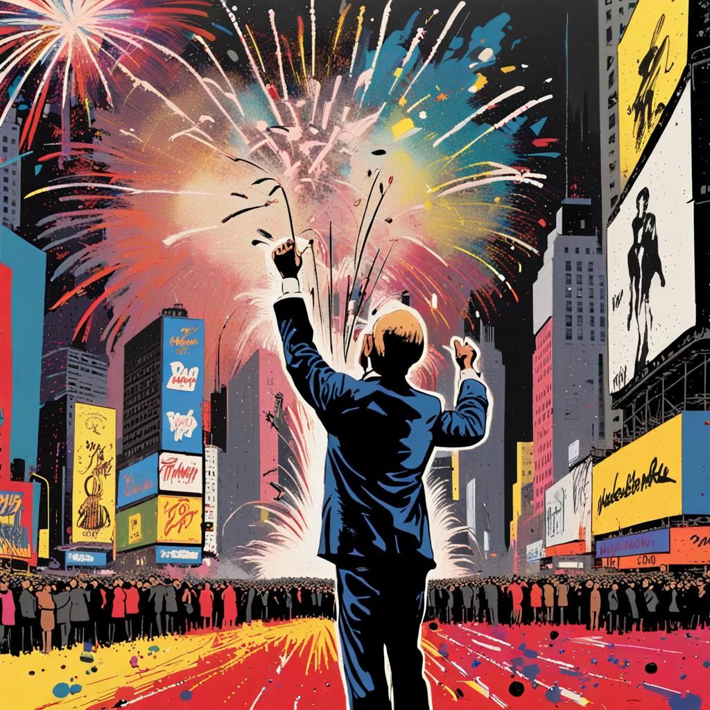 16k resolution, art by Andy Warhol, Jackson Pollock, vibrant New Year's Eve party, iconic Times Square ball drop, bold p...