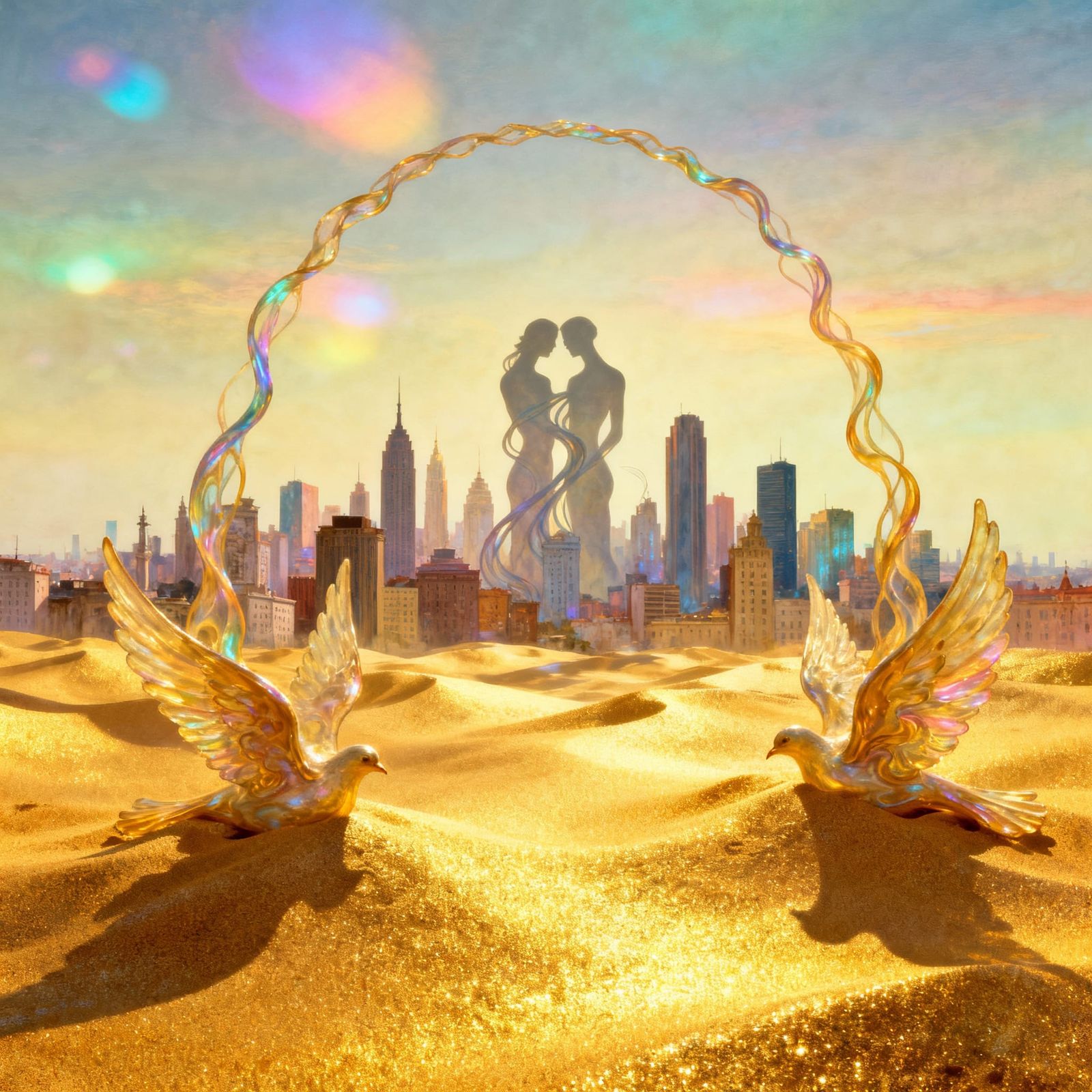 Surreal Cityscape with Doves of Peace and Merging Souls