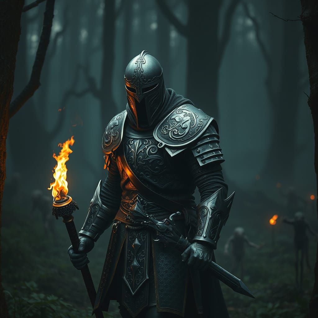 Warrior in a Dark and Foreboding Forest