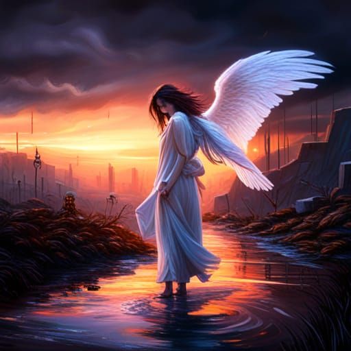 Fallen Angel in Twilight Rain: Dark Fantasy Oil Painting
