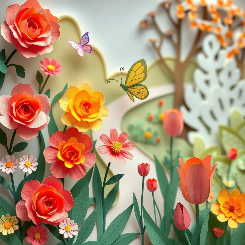 Layered Paper Garden Scene in Papel Picado Style