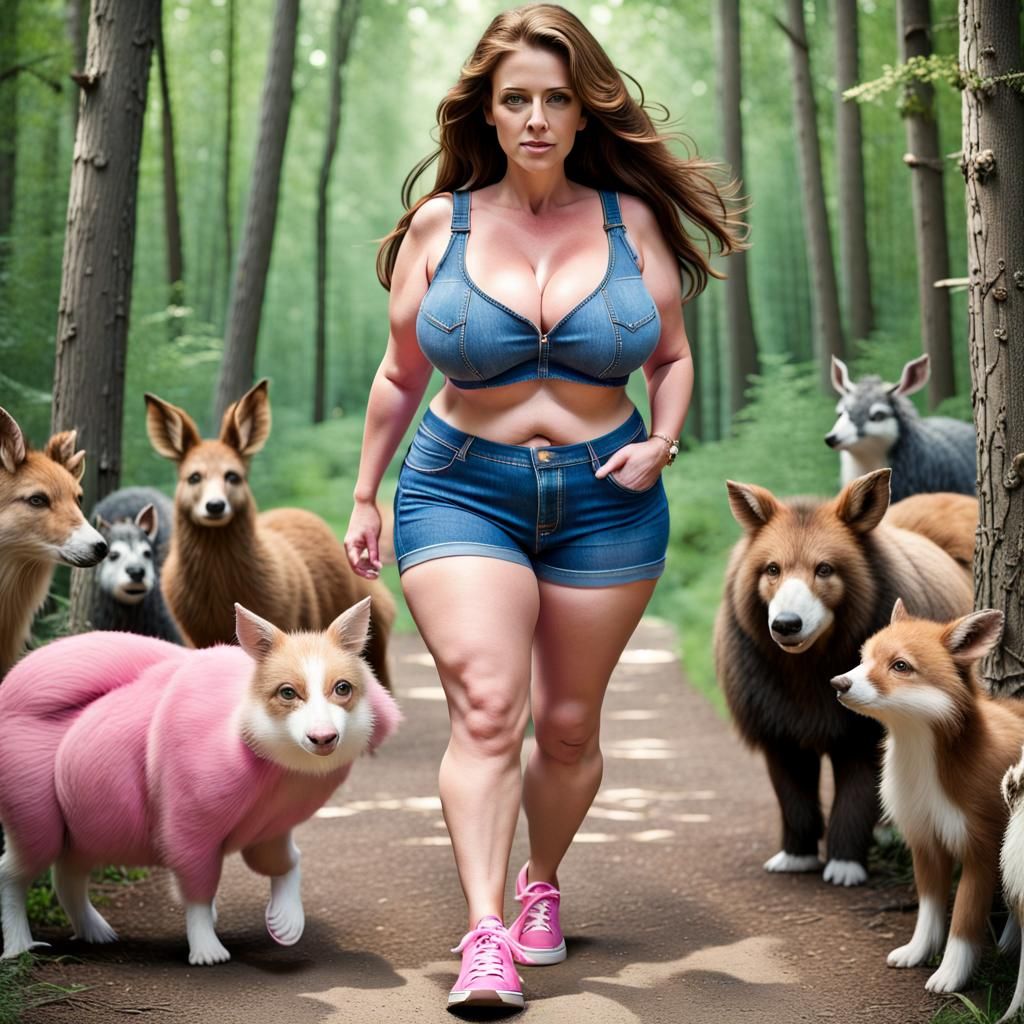 Curvy Woman Walking in Woods with Animals