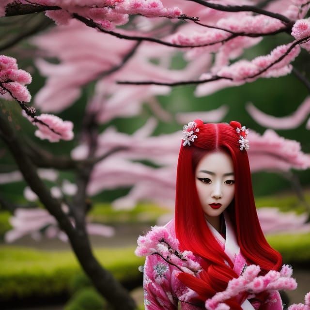 Fire Fox Yokai in Cherry Blossom Garden