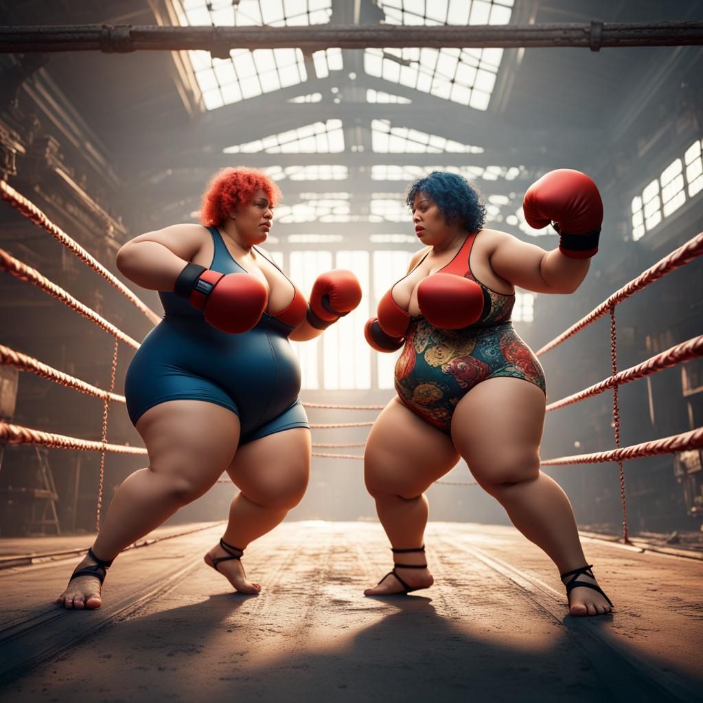 Two Plus-Size Women Boxing in Detailed Matte Painting