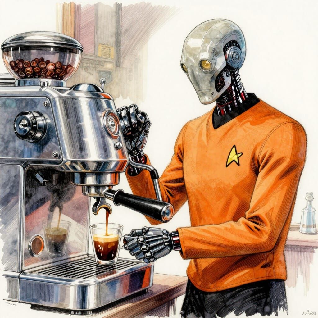 Sci-Fi Android Crafts Espresso in Retro Style