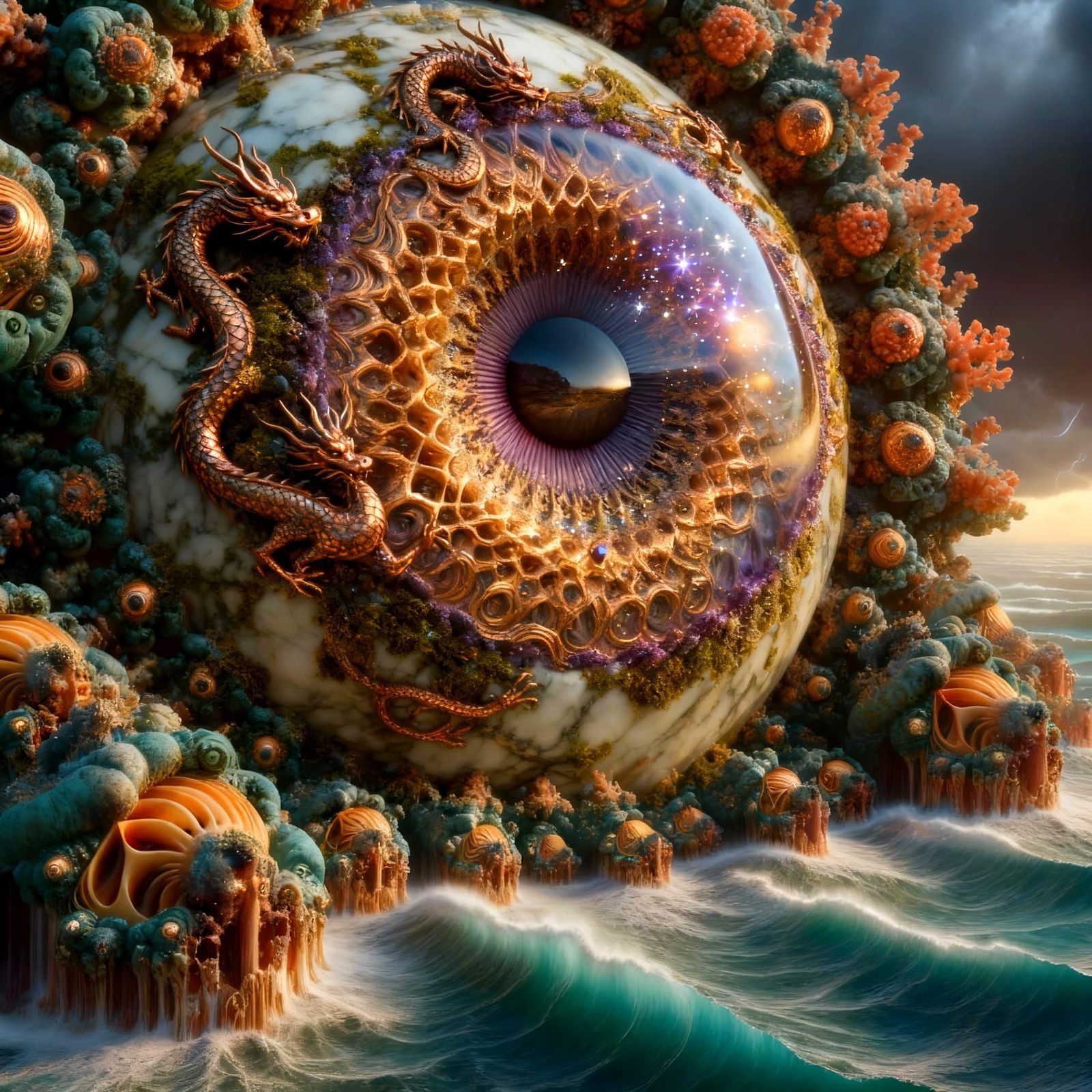 Surreal Eye with Fractal Dragons and Ocean Waves
