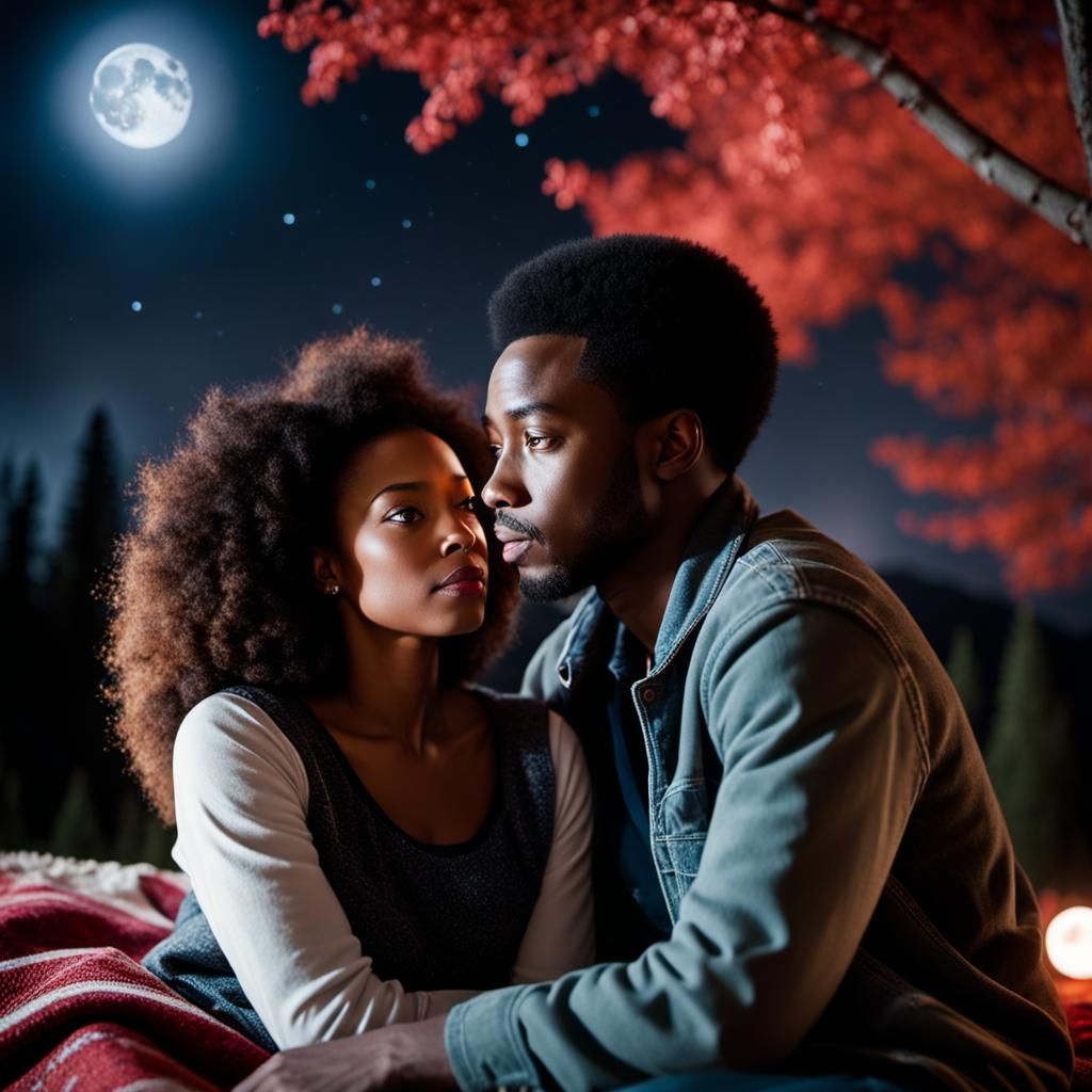 Cinematic Image of Couple Snuggling Under Blood Moon