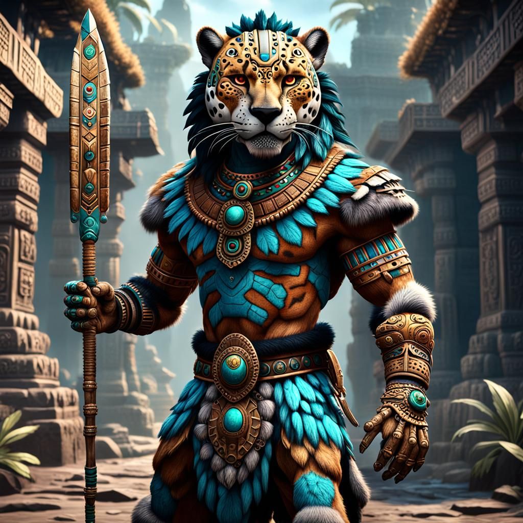 Aztec Jaguar Warrior: Detailed Anthropomorphic Art