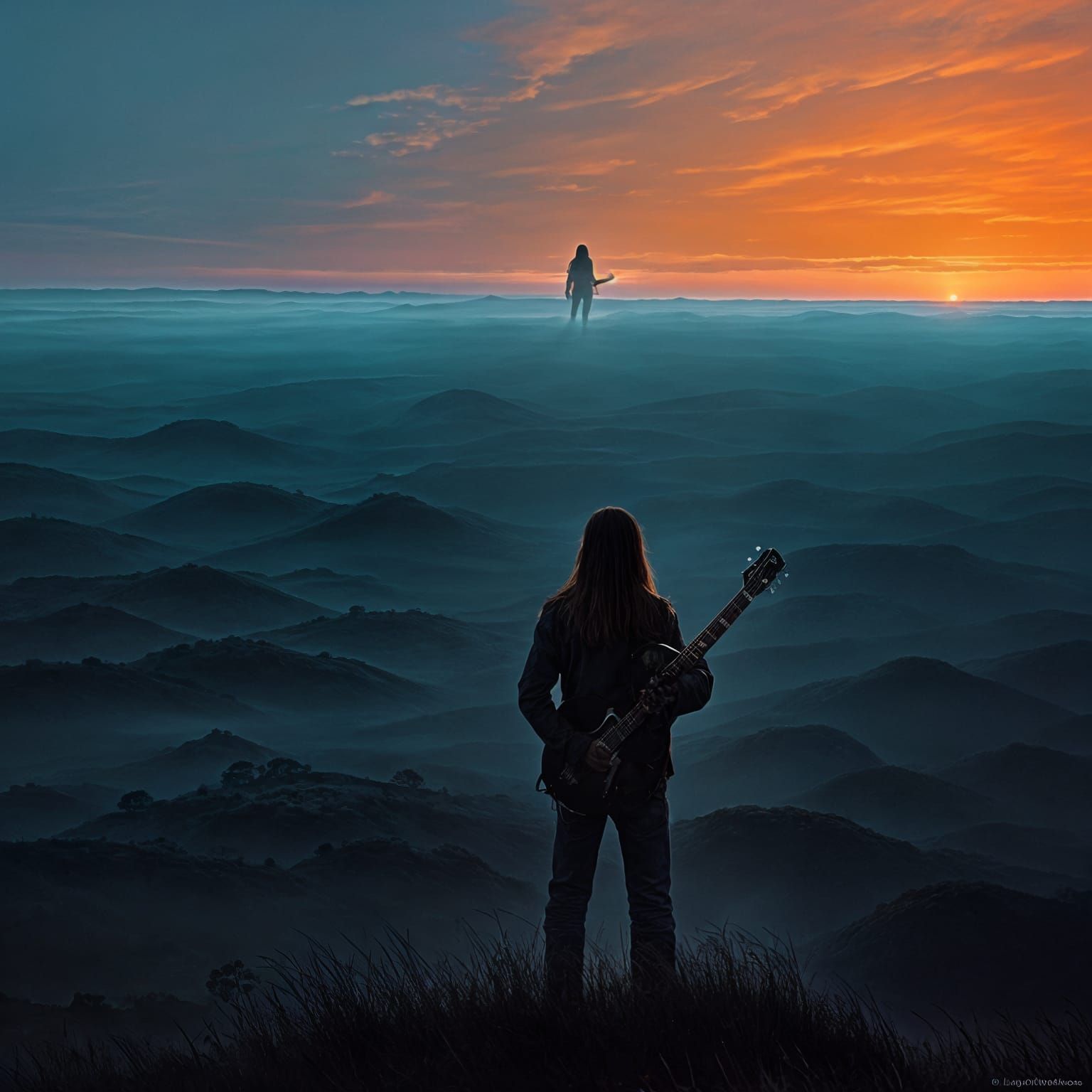 Figures Silhouetted Against Vast Orange Landscape