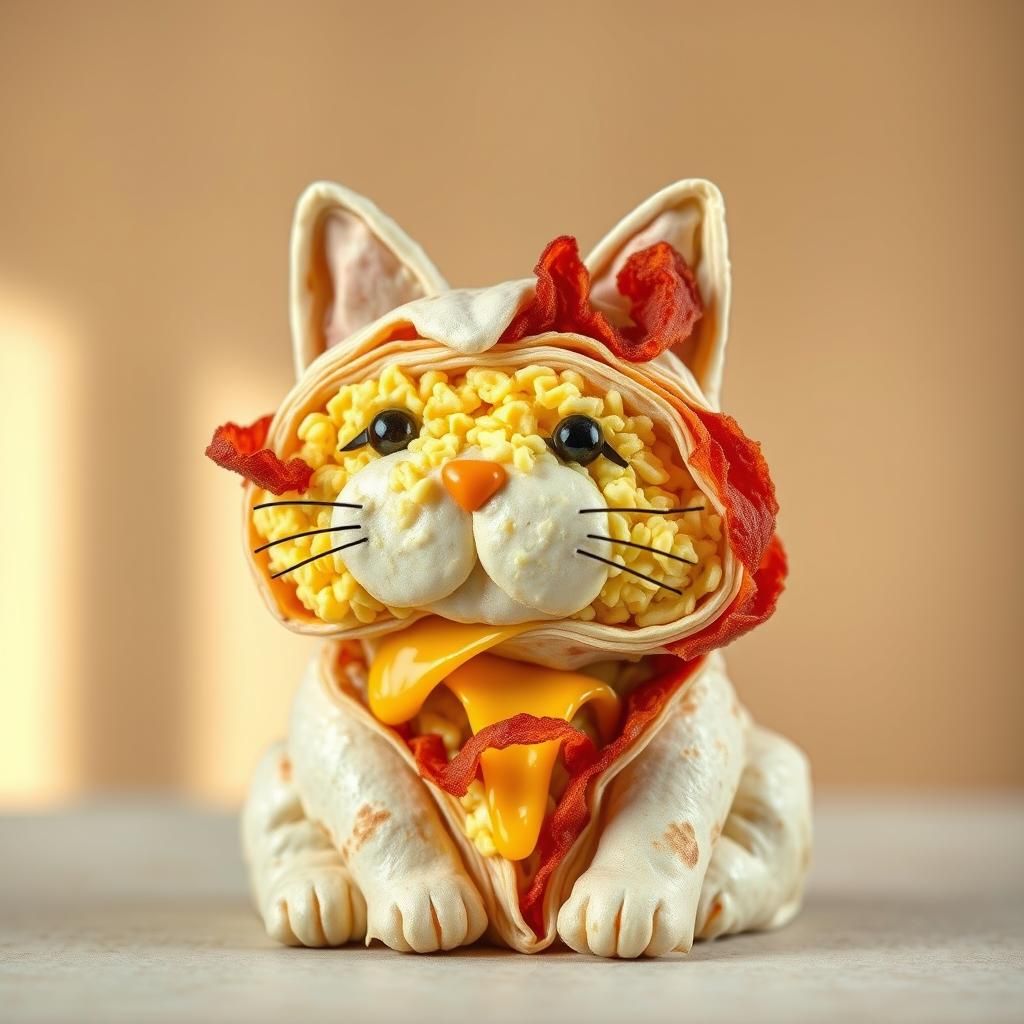 Breakfast Burrito Cat Sculpture in Whimsical Style