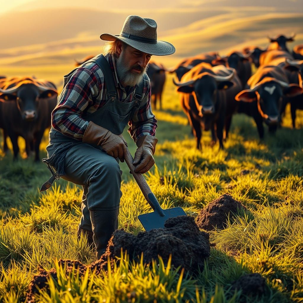 Farmer Amidst Radiant Cattle in a Gritty, Mystical Realm