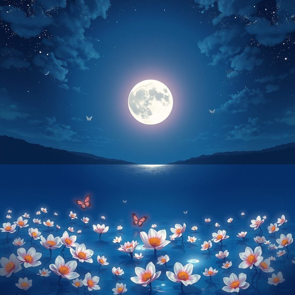 Moonlit Lake with Water Butterflies in Anime Style