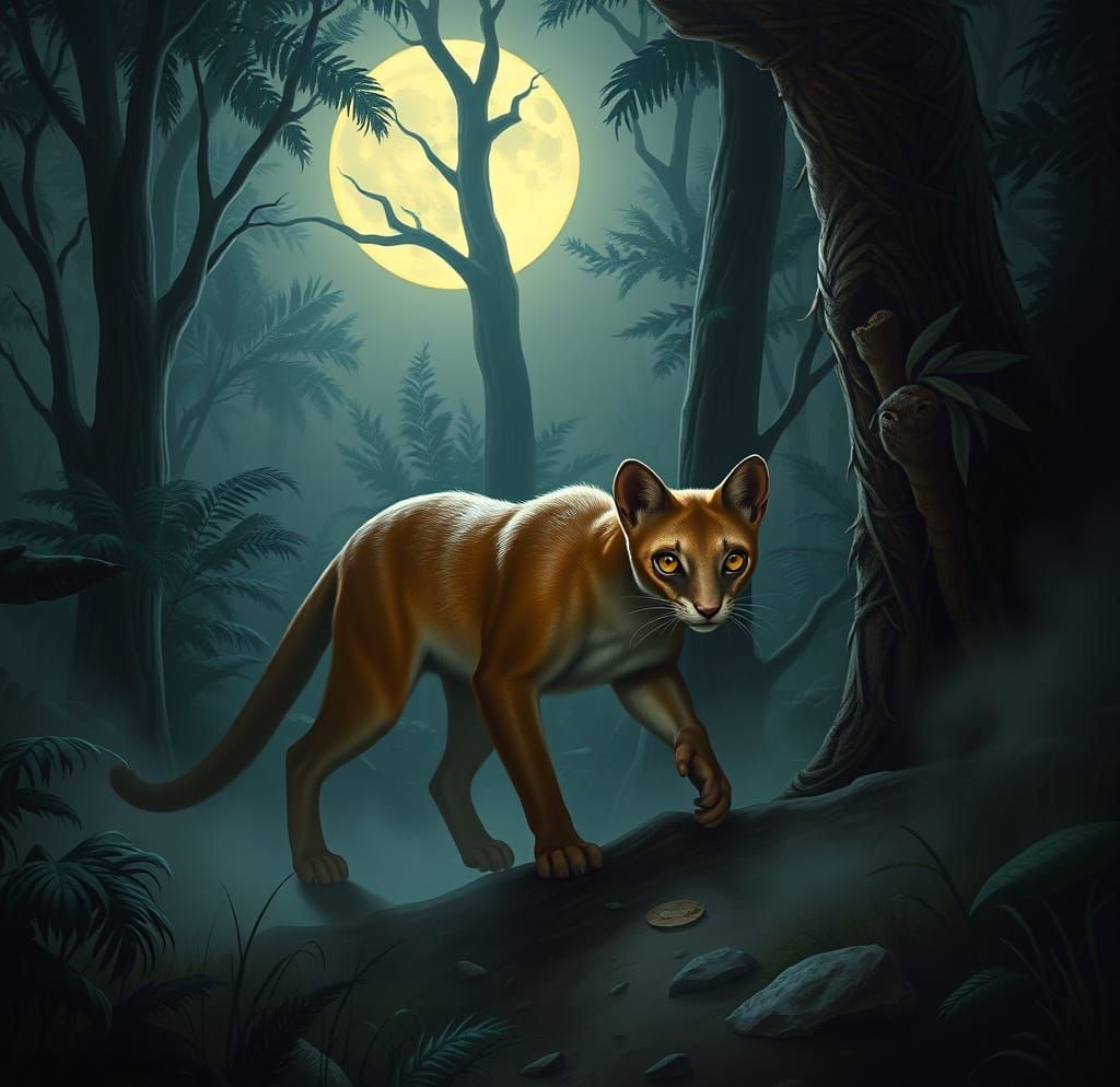 Sleek Fossa Stalks Madagascar's Moonlit Forest