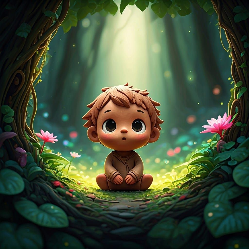 Whimsical Clay Figure in an Ethereal Forest