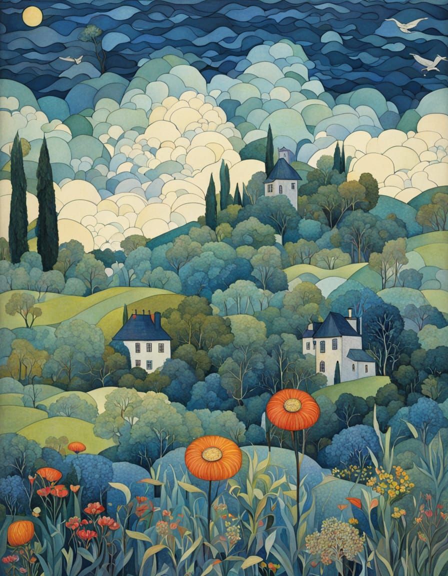 Summer Landscape in Whimsical Art Nouveau Style