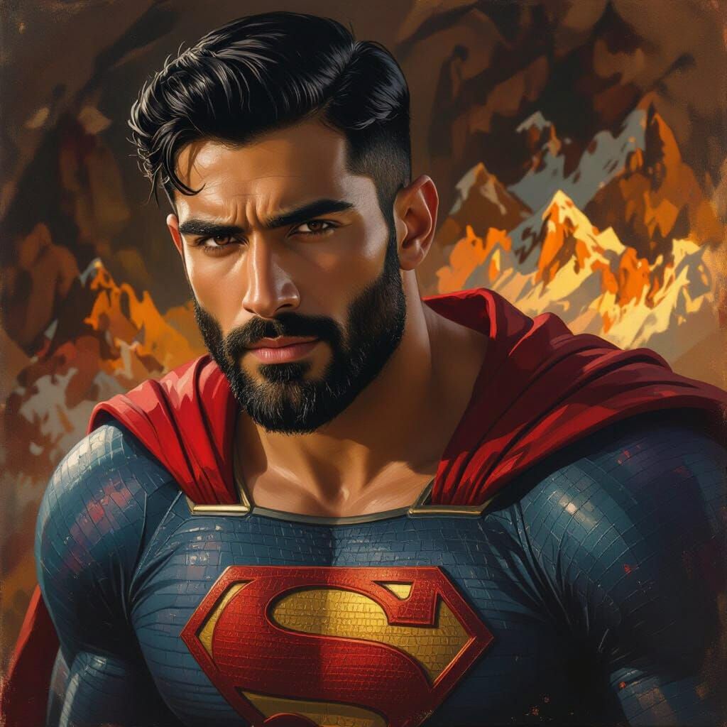 Impressionist Portrait of a Bearded Superman in Snowy Mounta...