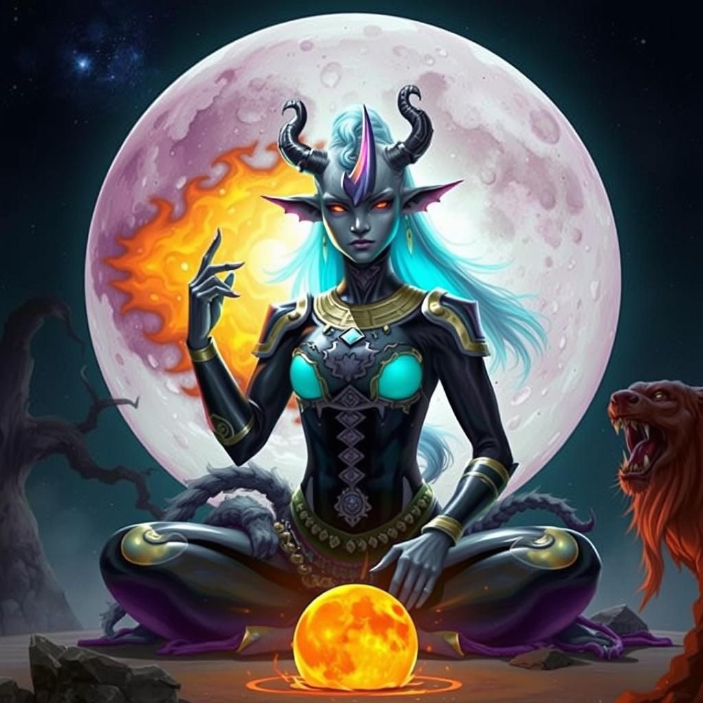 The girl tiefling sits in the lotus position.🧘