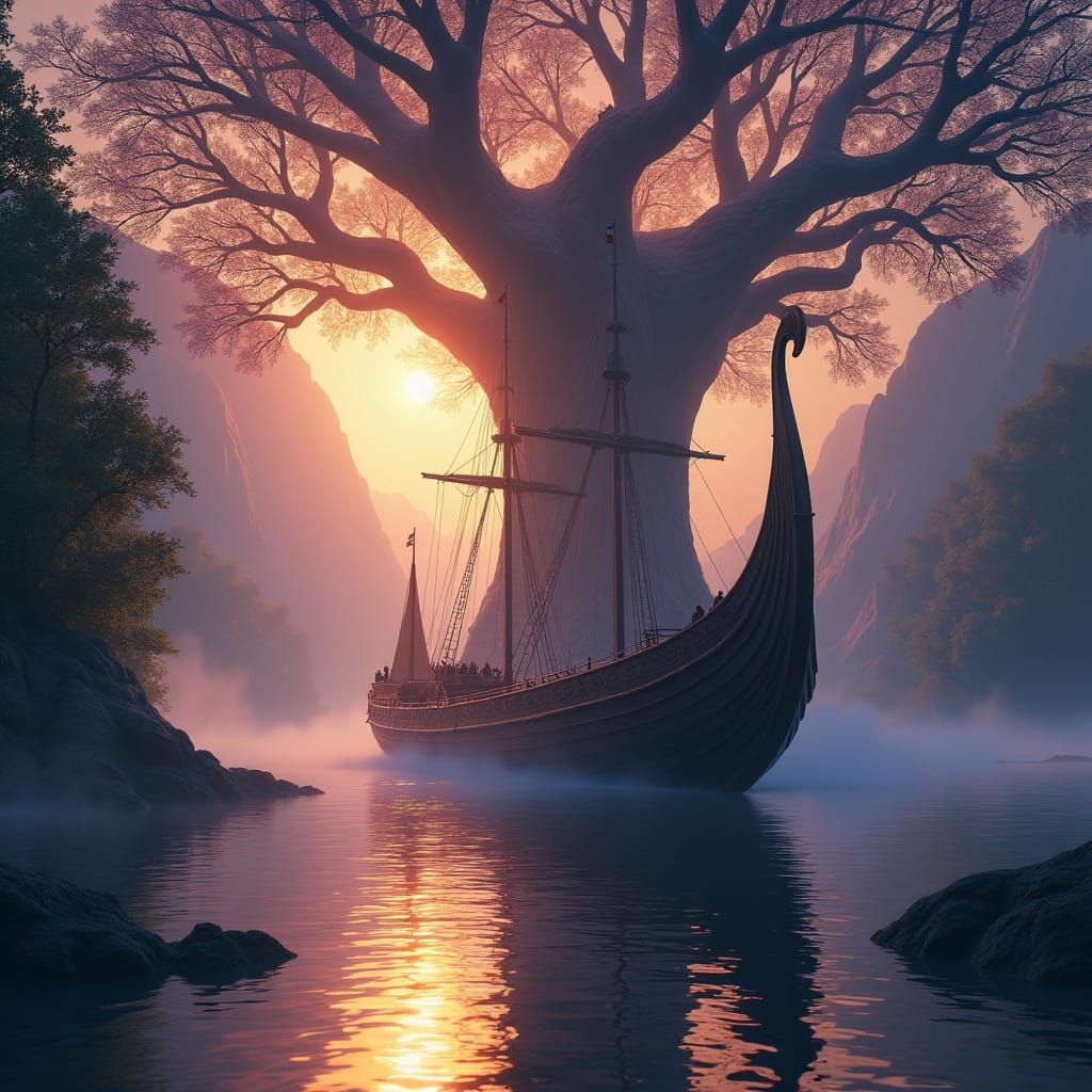 Viking Longship Sails Under Yggdrasil: Fantasy Art