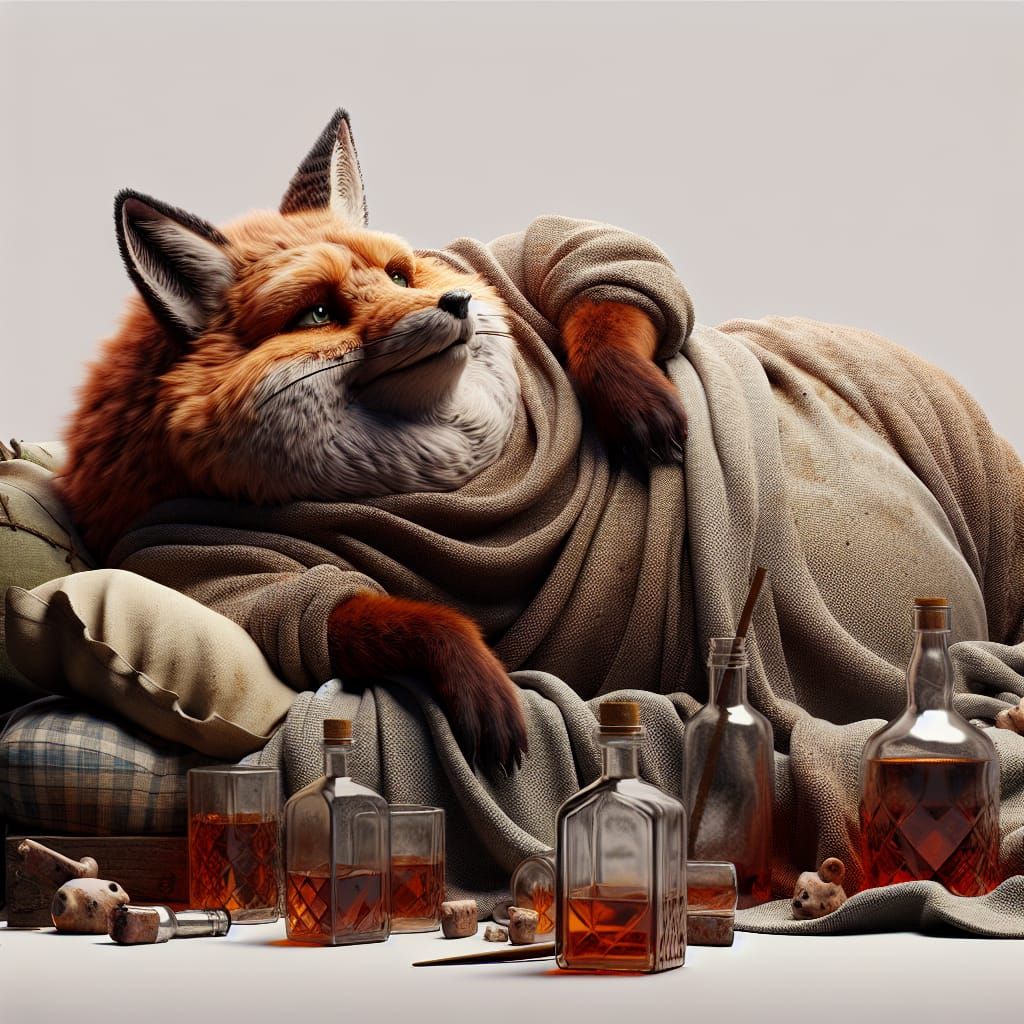 Vulpine Character Resting with Whiskey Bottles