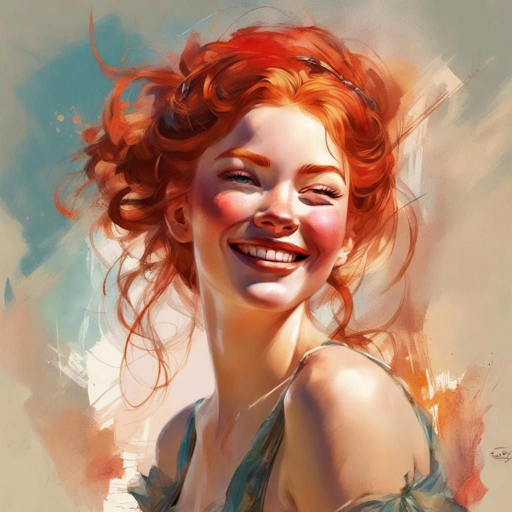 Smiling Redhead Princess Portrait in Pin-Up Style