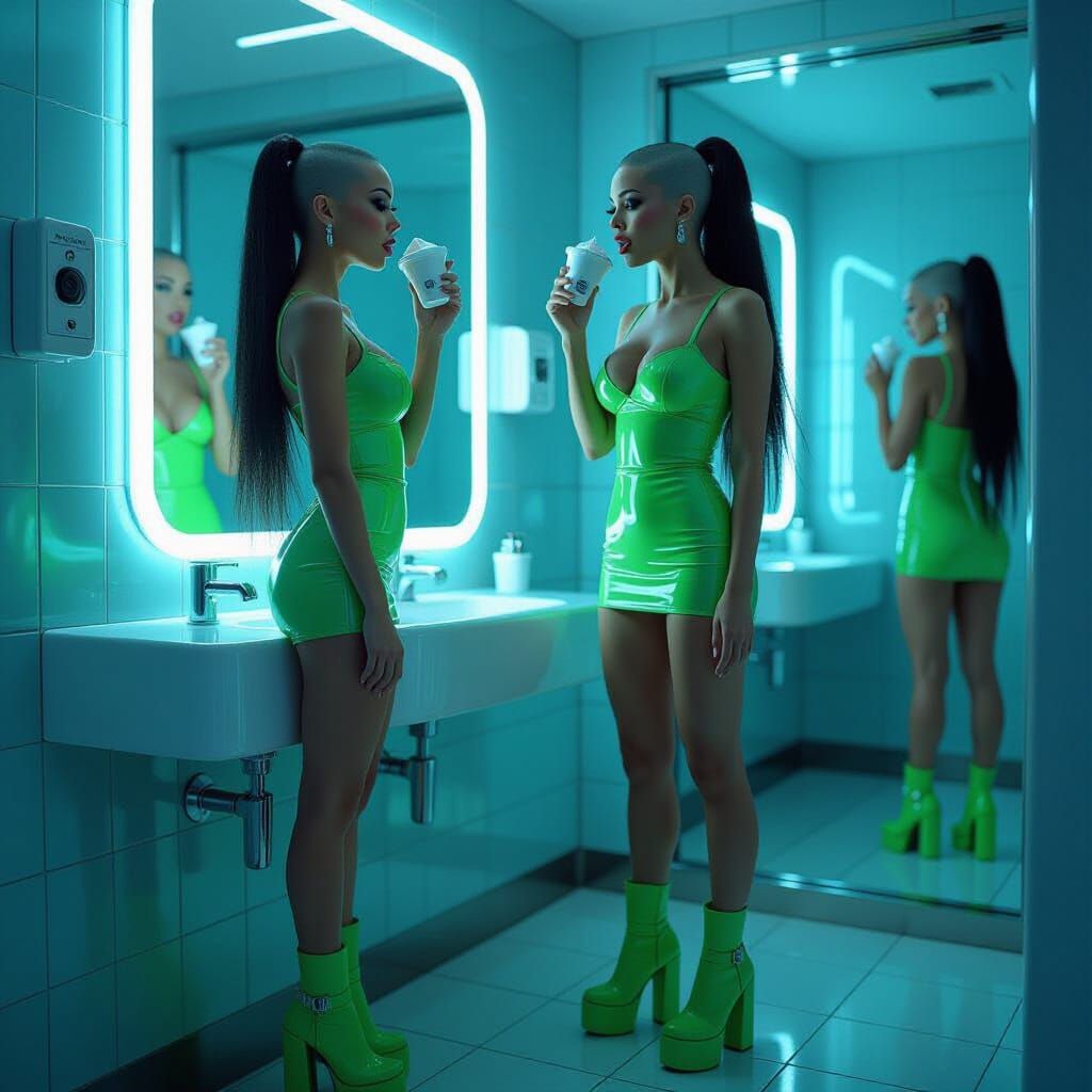 Futuristic Woman in Neon Nightclub with Yogurt