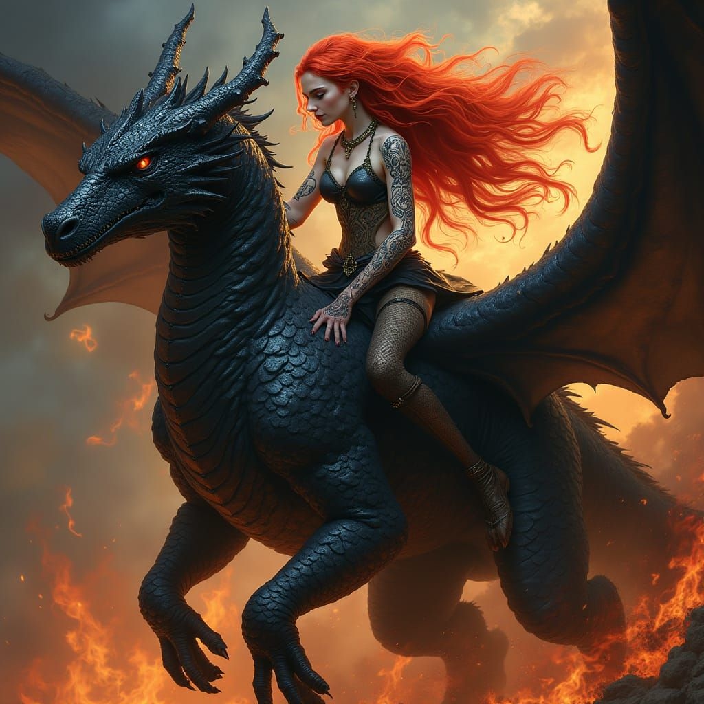 Fiery Red-Haired Aasimar Dark Dragon Rider with Intricate Ta...