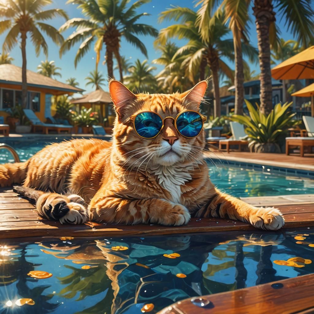 Cat Lounging Poolside in Fantasy Oil Painting