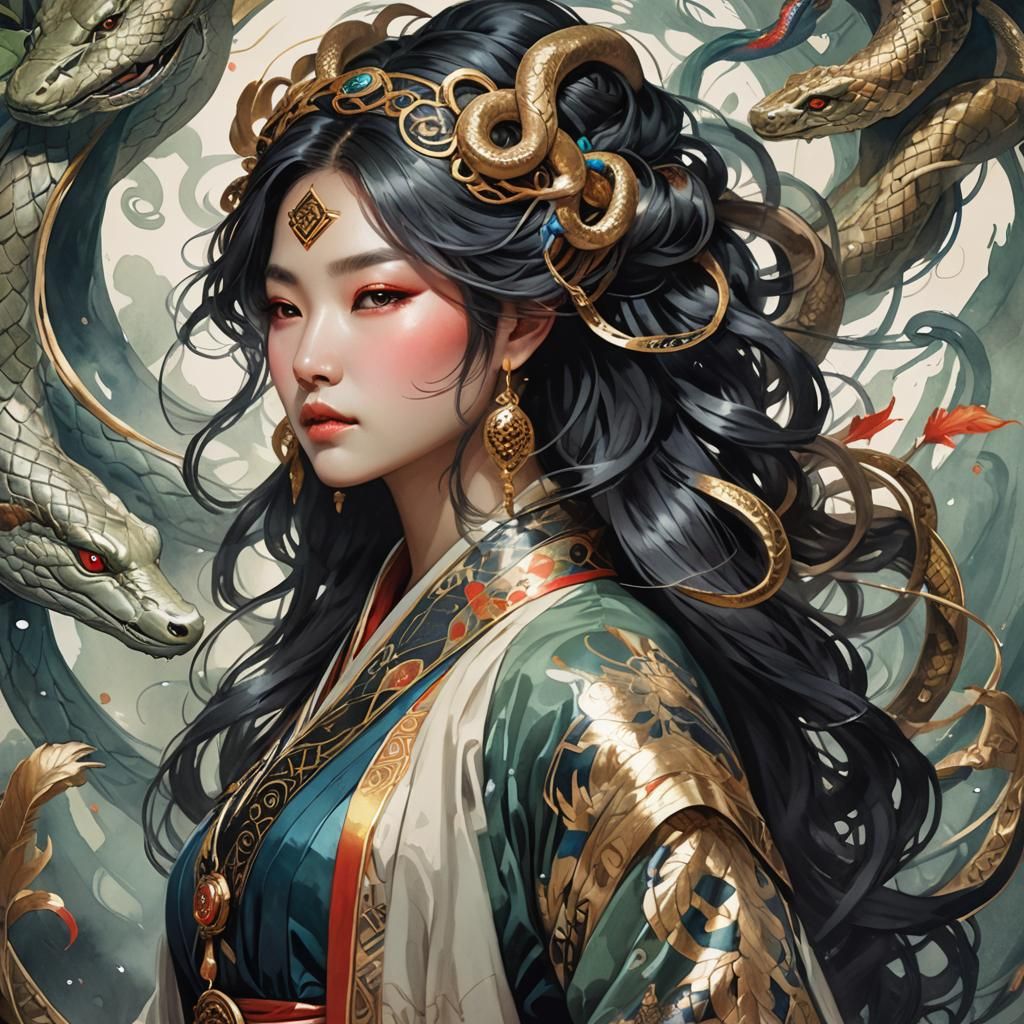 Korean Goddess Eopsin Watercolor Portrait