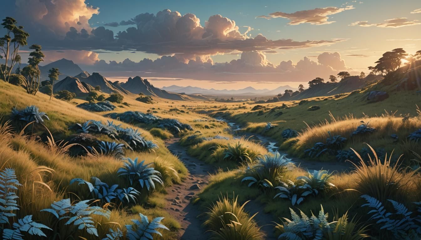 Alien Vista: Blue Ferns in a Sci-Fi Landscape