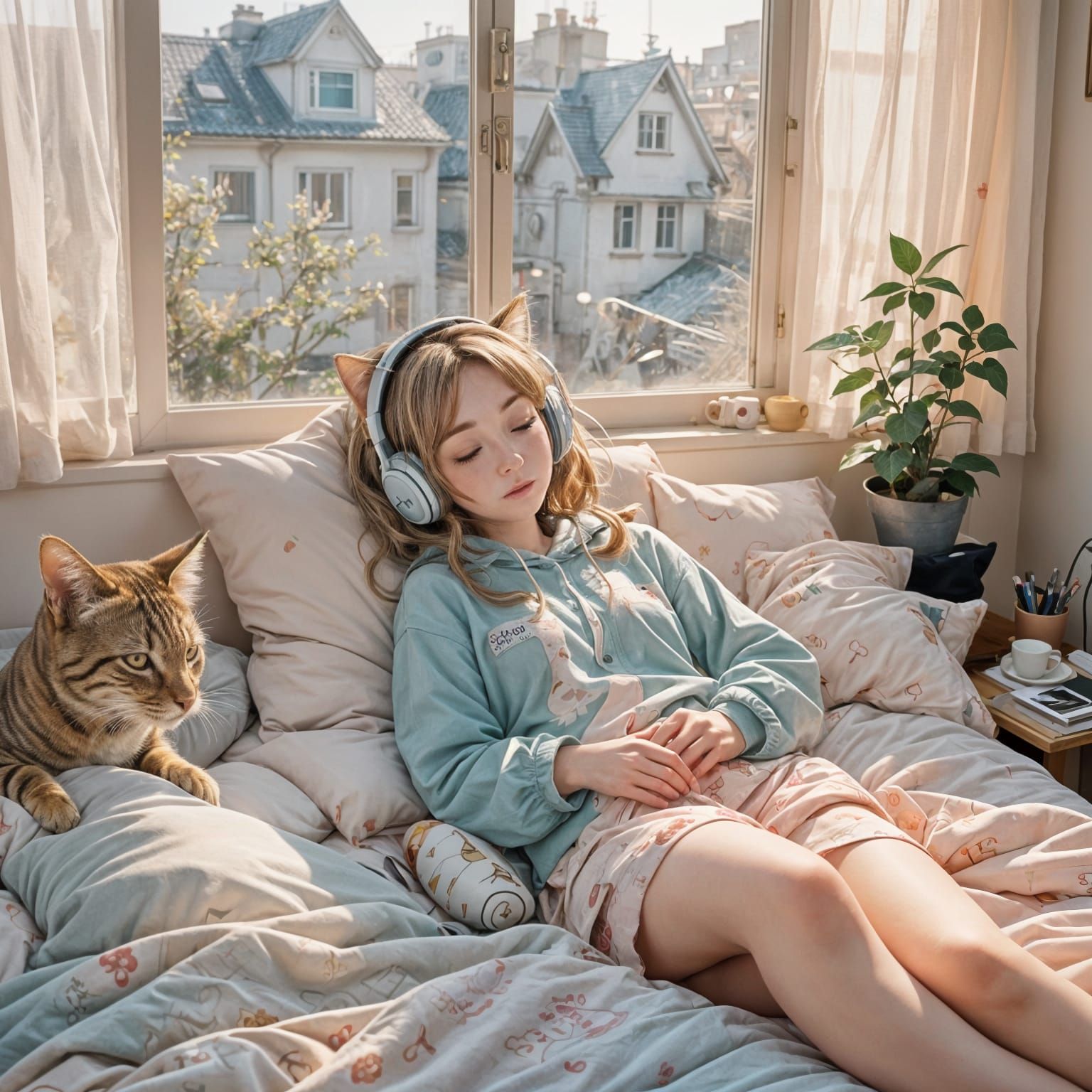 Girl with Cat and Sticker Headphones in Anime Style