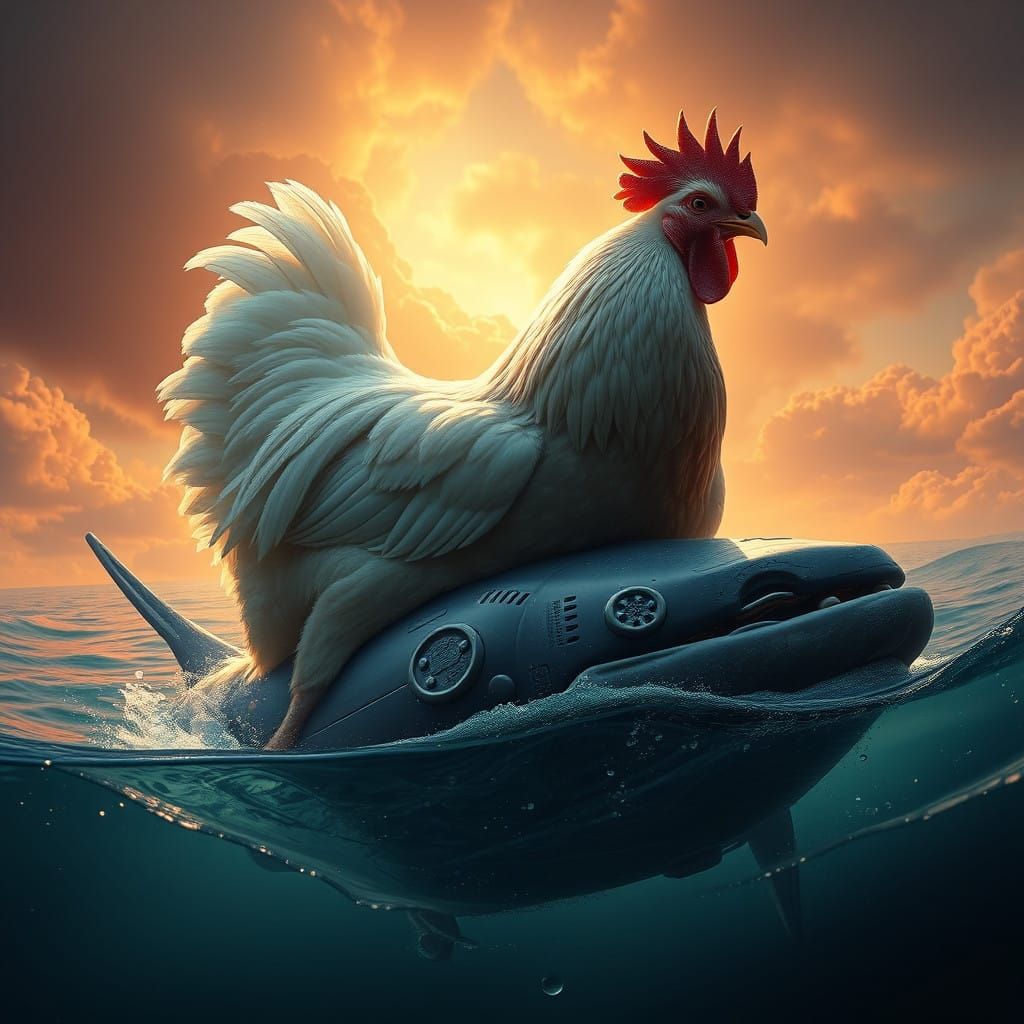 Chicken Devours Whale in Vibrant Dreamlike Landscape