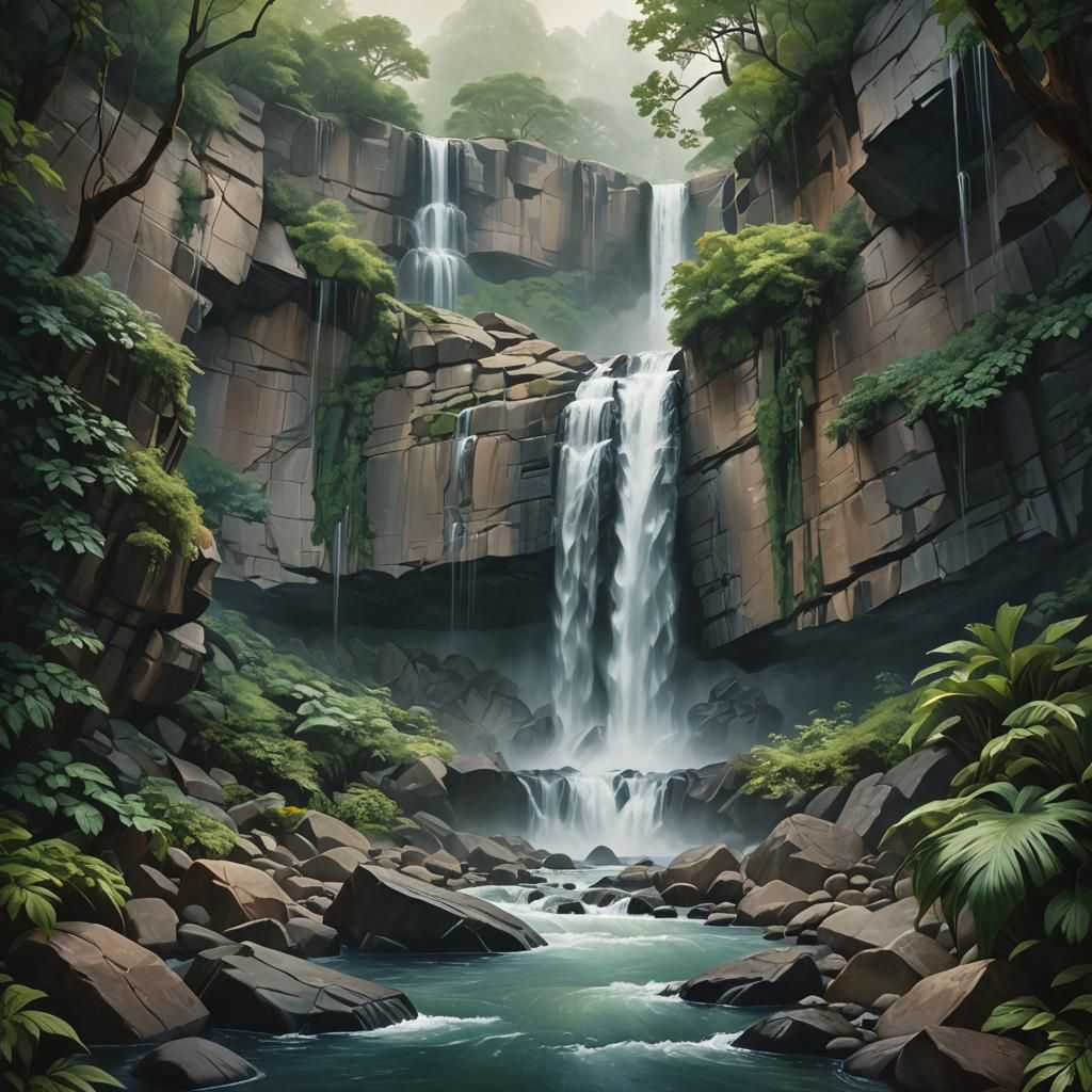 Lush Waterfall in O'Keeffe-Inspired Digital Painting