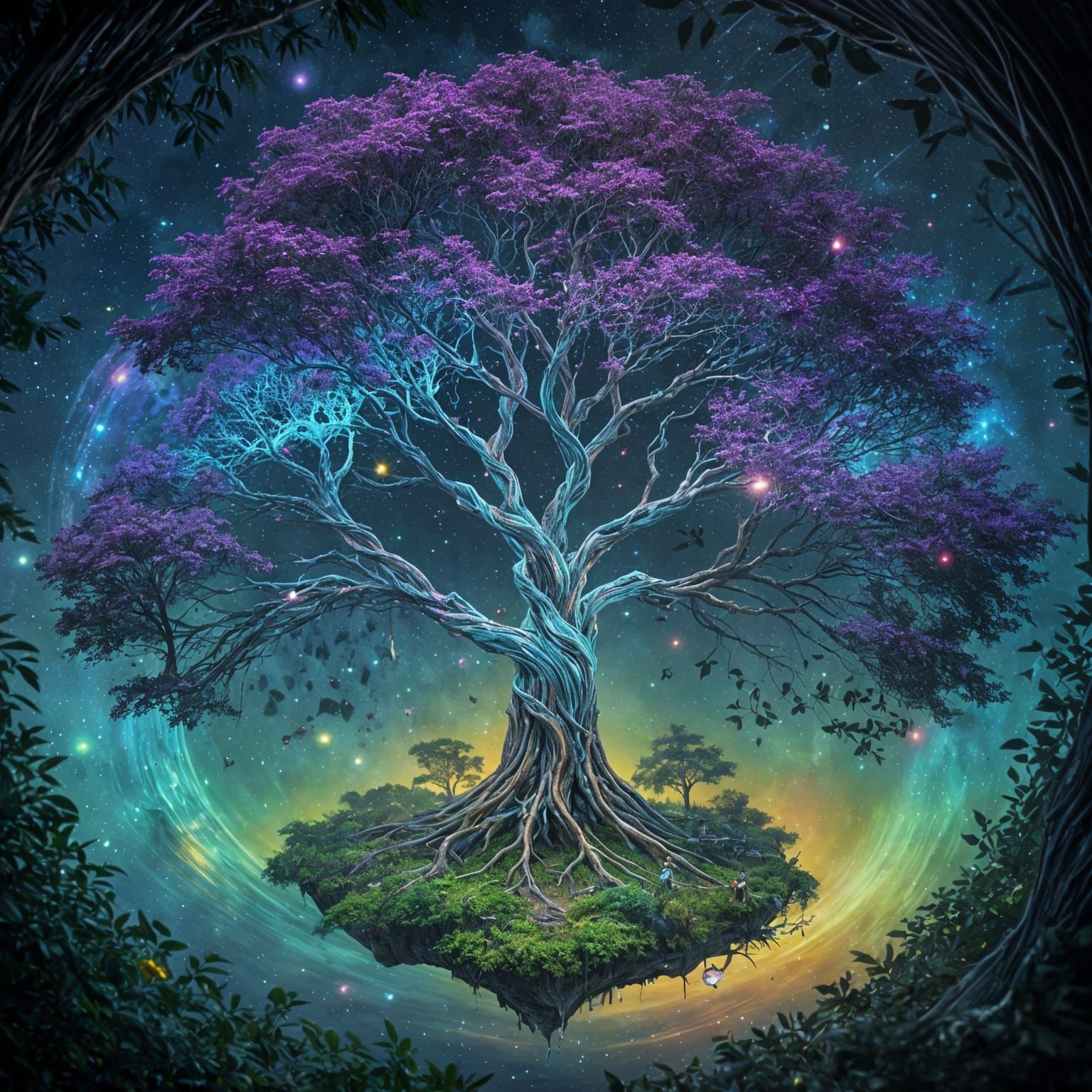 Surreal Ancient Tree Blossoms in Cosmic Holographic Art